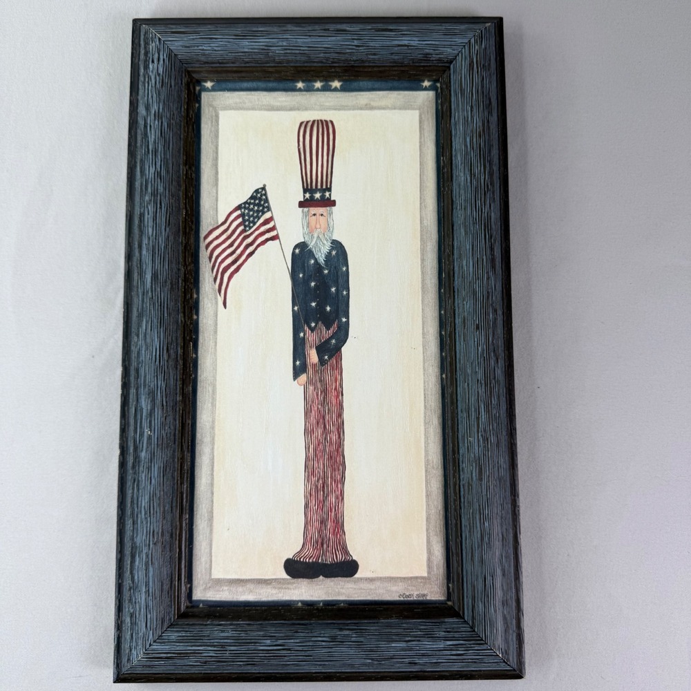 Cindy Shamp Uncle Sam Offset Lithograph Framed Primitive Americana Folk Art
